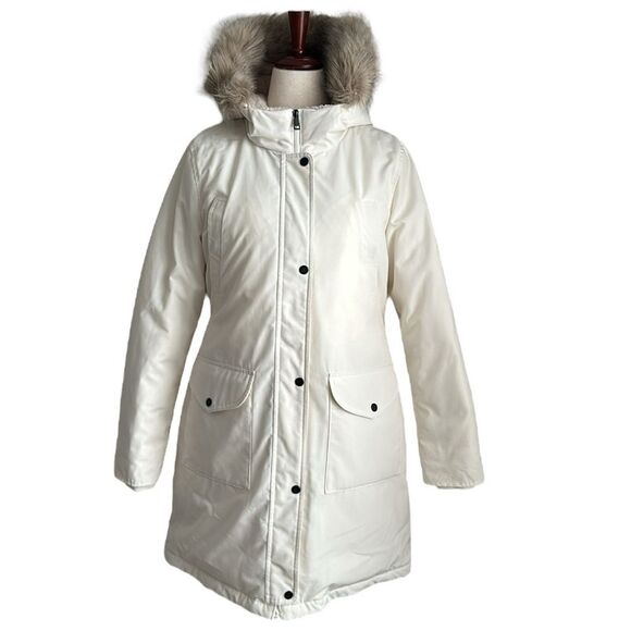 RALPH LAUREN Womens Parka Jacket Faux Fur Trim Hood Button&Zip Off White Size L - Picture 1 of 16
